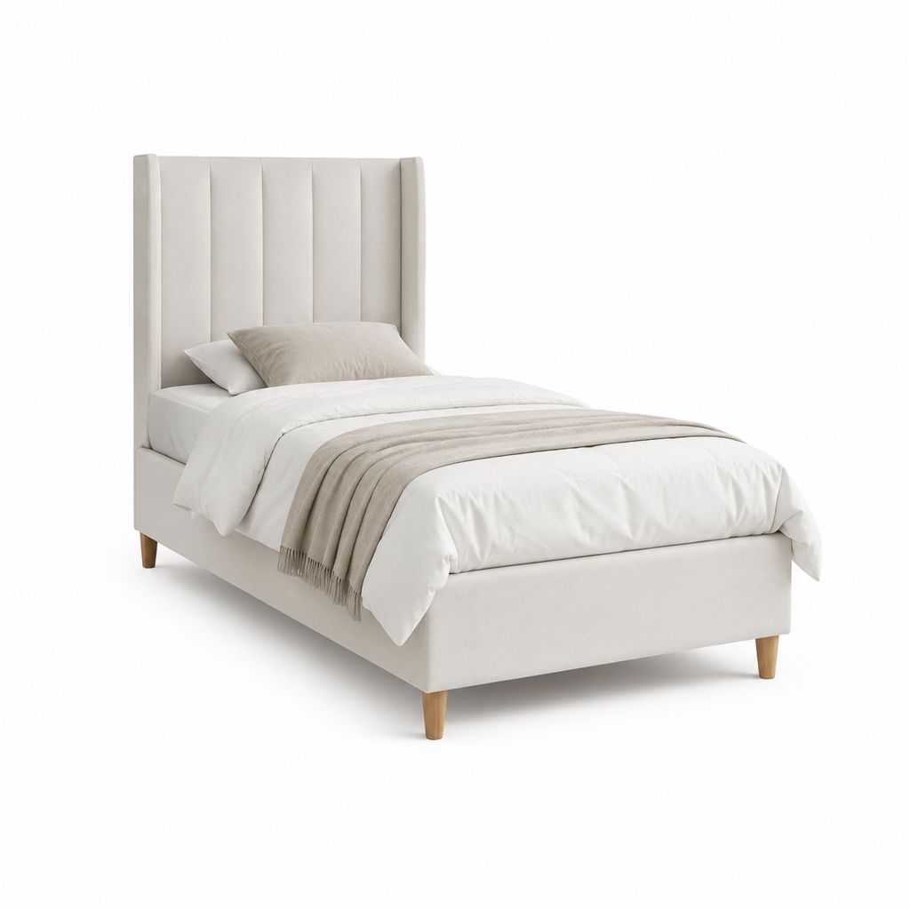 Lit simple capitonné beige en polyester avec tête de lit à panneaux verticaux 90 x 190 cm