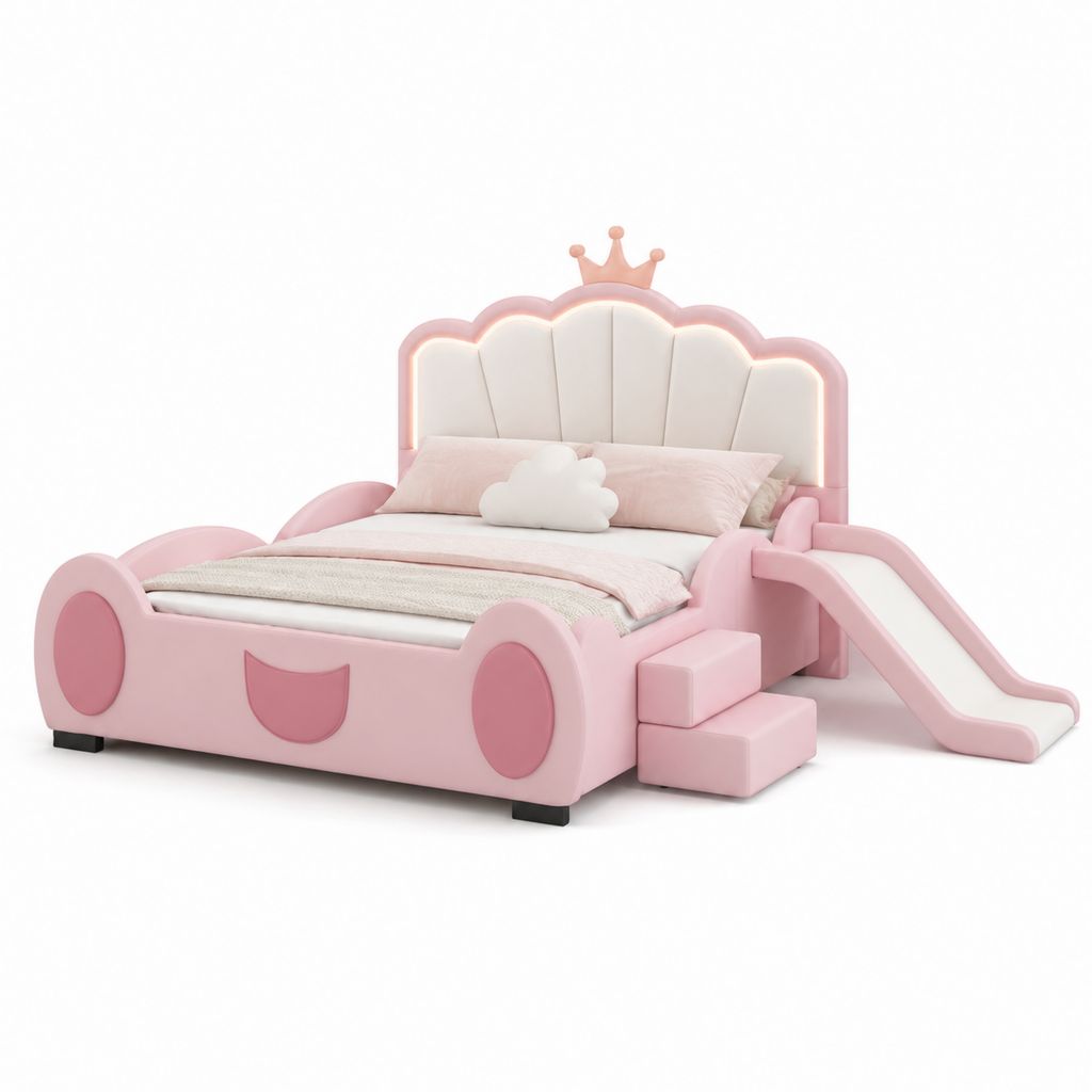 Lit enfant avec toboggan et escalier rose en MDF couronne 120 x 190 cm