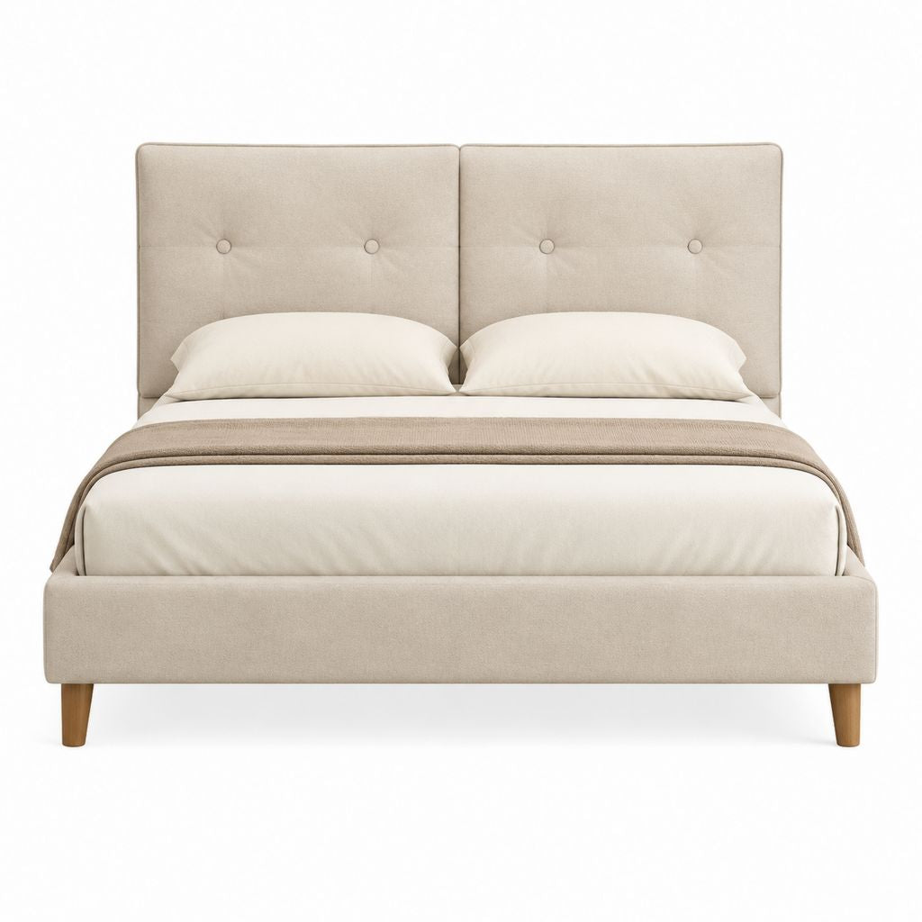 Lit double 160 x 200 cm beige en polyester avec tête de lit capitonnée