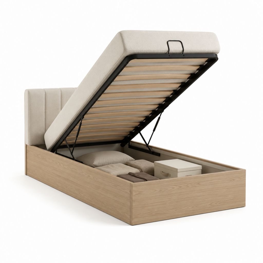 Lit coffre 140 x 190 cm beige et chêne clair en panneaux de particules avec tête de lit capitonnée