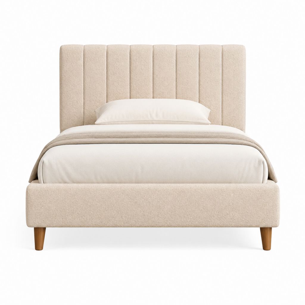 Lit double capitonné beige en polyester bouclette avec tête de lit verticale 160 x 200 cm