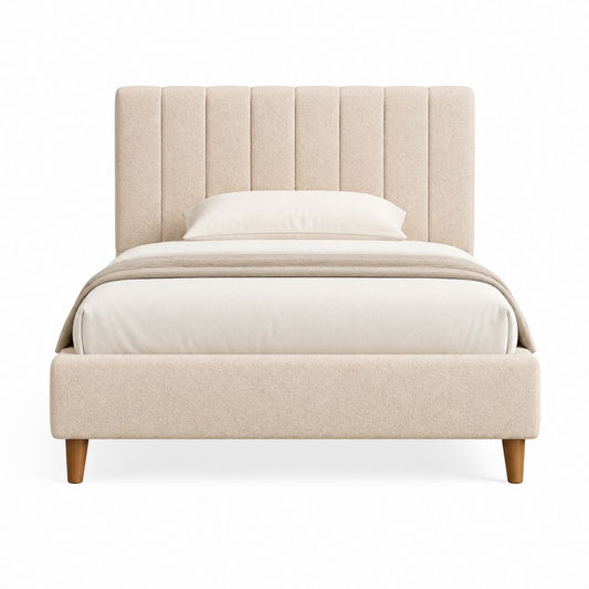 Lit double capitonné beige en polyester bouclette avec tête de lit verticale 160 x 200 cm
