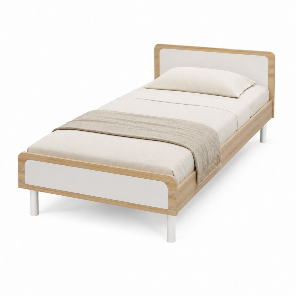 Lit simple rectangulaire en pin massif naturel et MDF blanc 90 x 190 cm