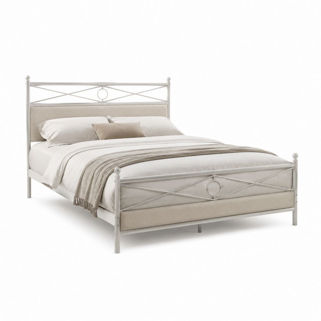 Lit double cadre en acier blanc et panneaux en polyester beige 140 x 190 cm