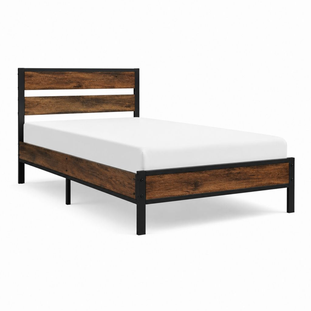 Cadre de lit double industriel noir et brun en acier et panneaux MDF 140 x 190 cm