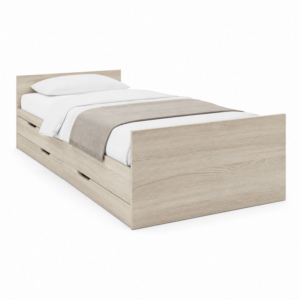 Lit simple avec rangements chêne clair en panneaux de particules 90 x 190 cm
