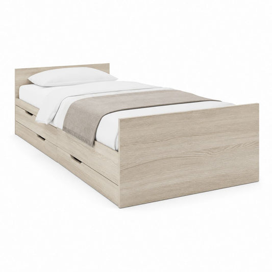 Lit simple avec rangements chêne clair en panneaux de particules 90 x 190 cm