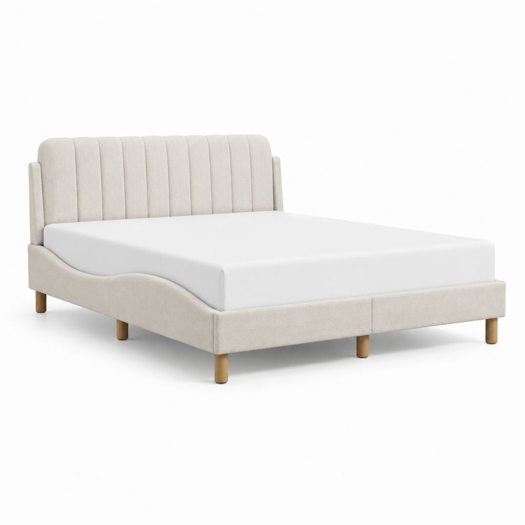 Lit double 160 x 200 cm beige en polyester avec cadre rembourré et tête de lit capitonnée