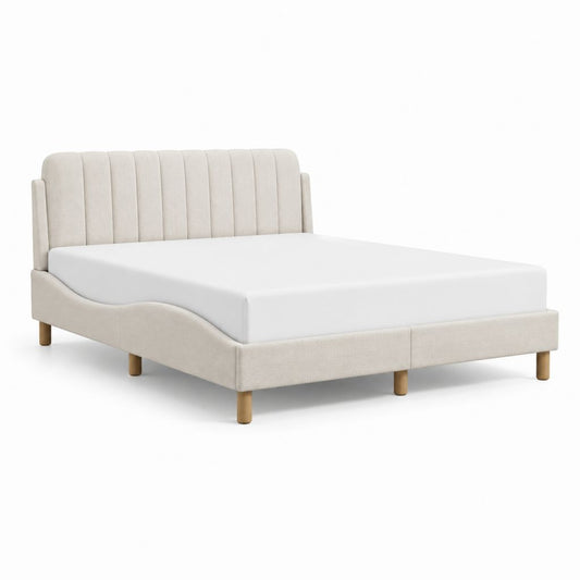 Lit double 160 x 200 cm beige en polyester avec cadre rembourré et tête de lit capitonnée