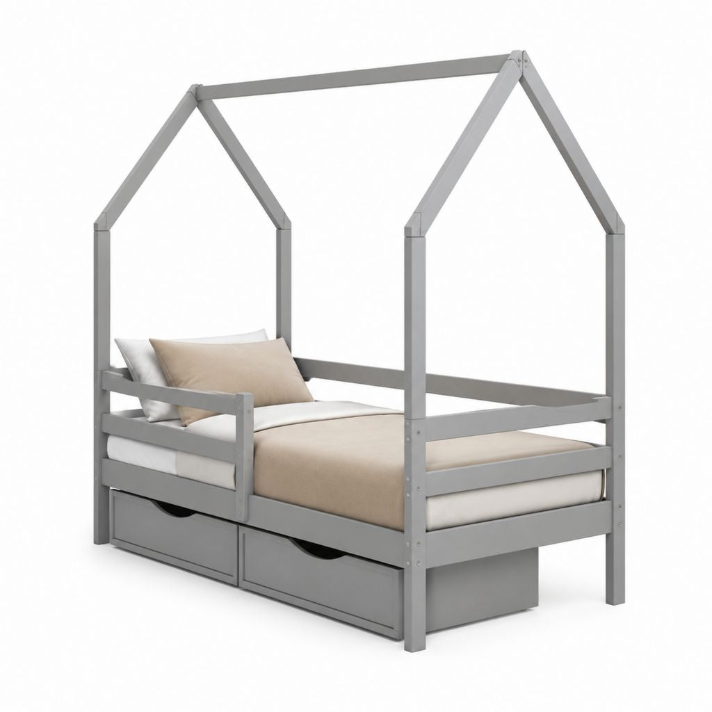 Lit enfant cabane gris en pin massif avec tiroirs 90 x 200 cm 208 x 98 x 170 cm