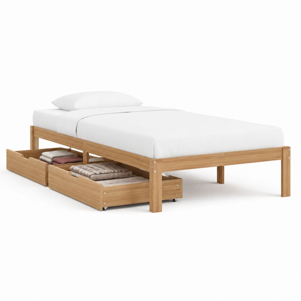 Lit simple avec 2 tiroirs de rangement pin massif naturel 90 x 190 cm