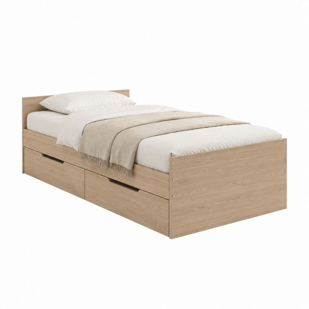 Lit simple avec rangement rectangulaire chêne clair en panneaux de particules 90 x 190 cm