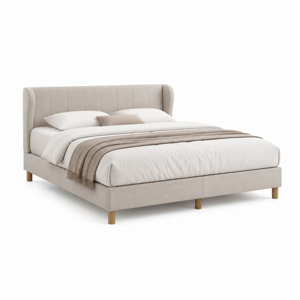 Lit double avec cadre et tête de lit beige en polyester 160 x 200 cm