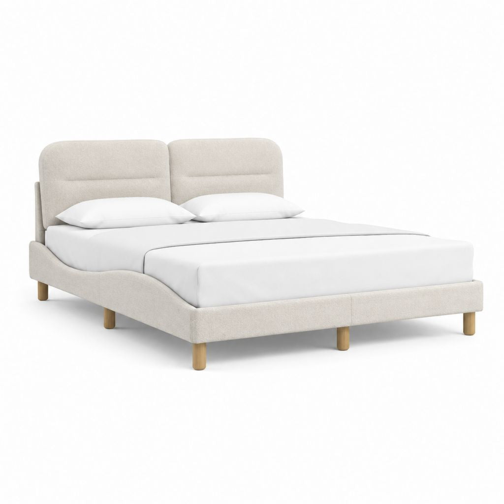 Lit double avec cadre de lit beige en polyester et pieds en bois massif 160 x 200 cm