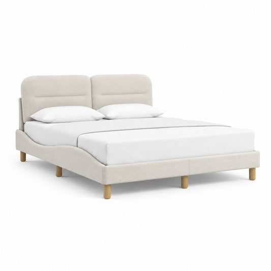 Lit double avec cadre de lit beige en polyester et pieds en bois massif 160 x 200 cm