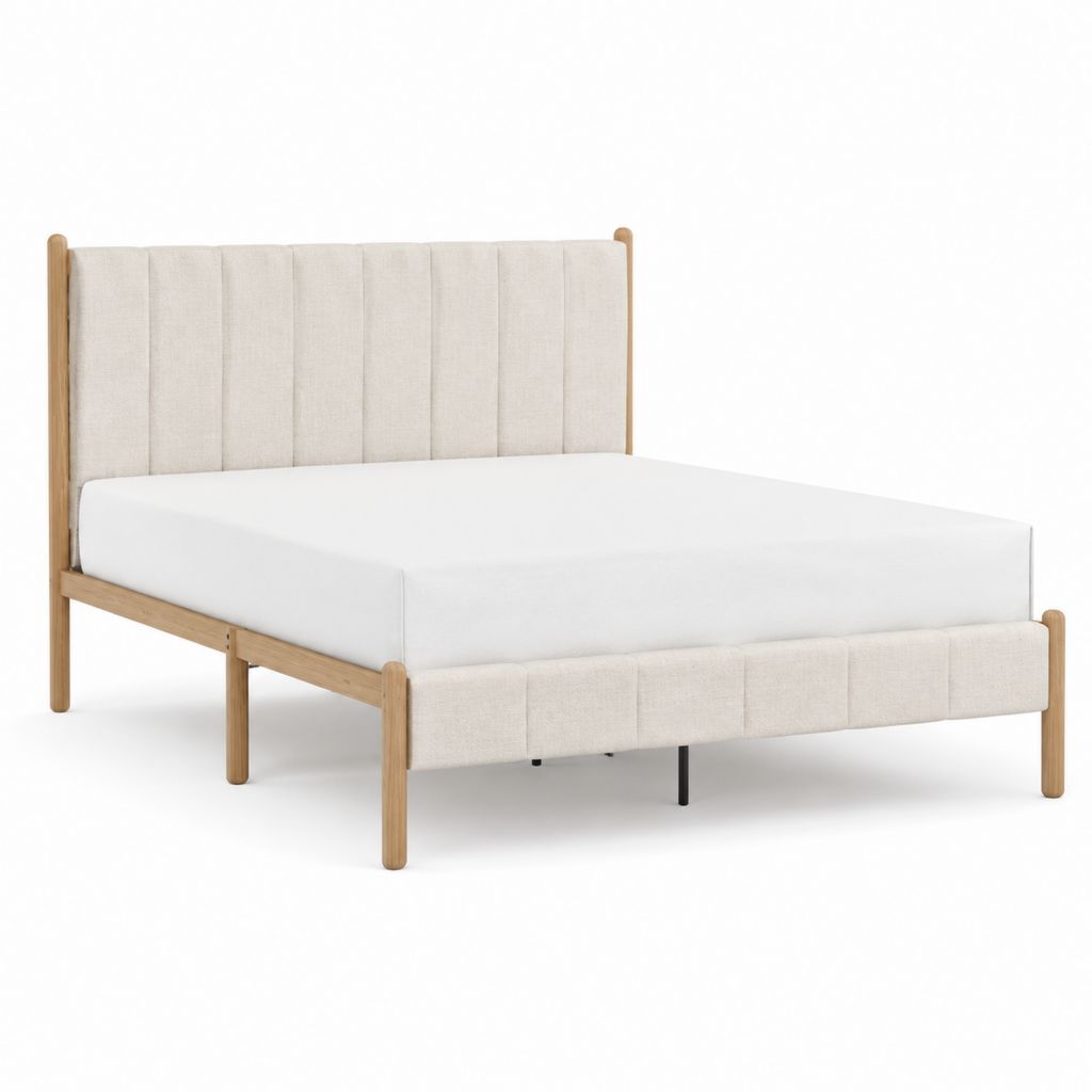 Lit double 160 x 200 cm beige et chêne clair en bois massif avec tête de lit capitonnée