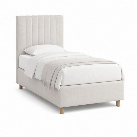 Lit simple 90 x 190 cm beige en polyester avec tête de lit capitonnée