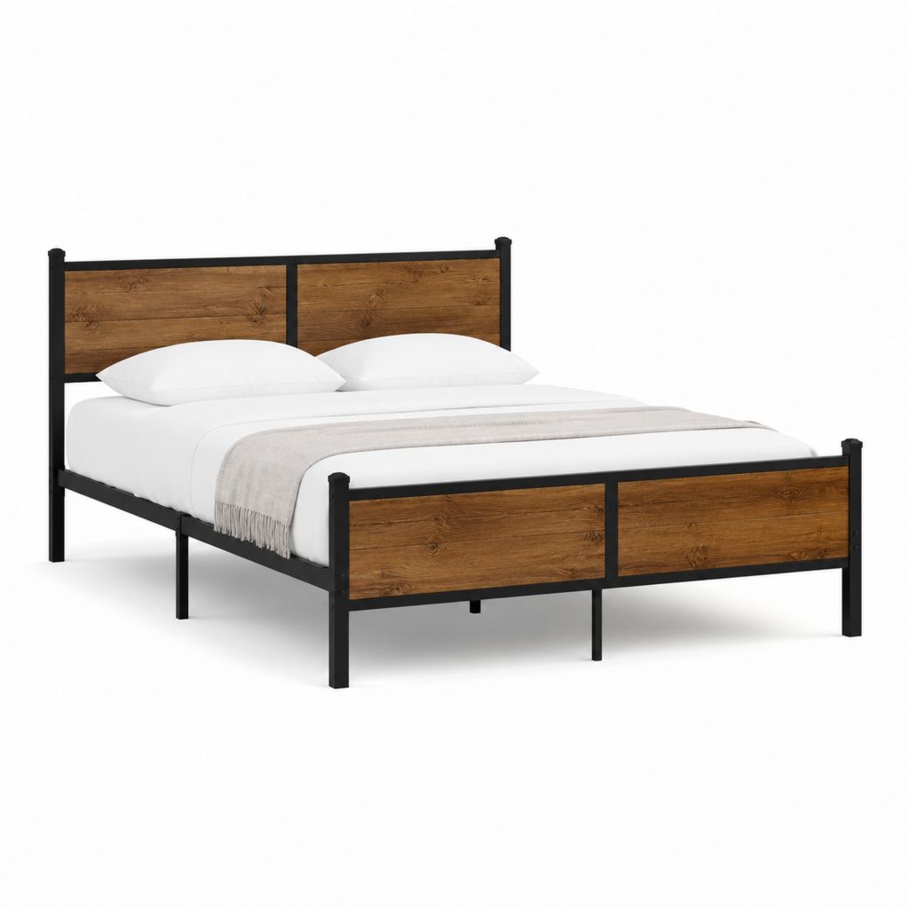 Cadre de lit double 160 x 200 cm noir et chêne en acier et MDF avec tête et pied de lit