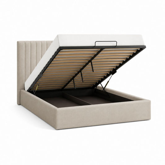 Lit coffre 160 x 200 cm beige en polyester avec tête de lit capitonnée et sommier à lattes