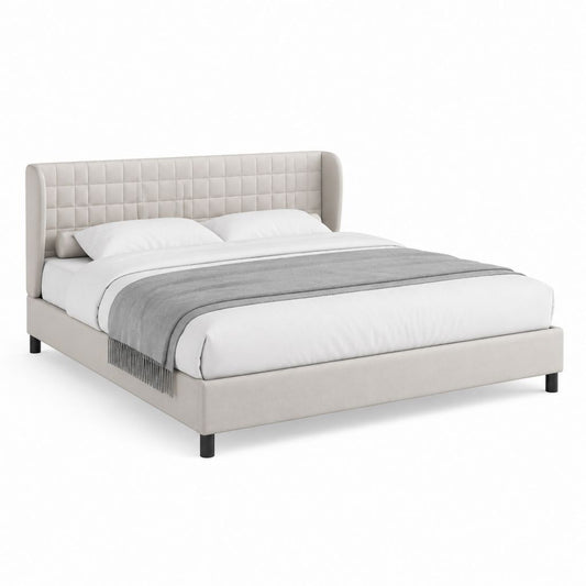 Lit double avec cadre capitonné beige en polyester 160 x 200 cm