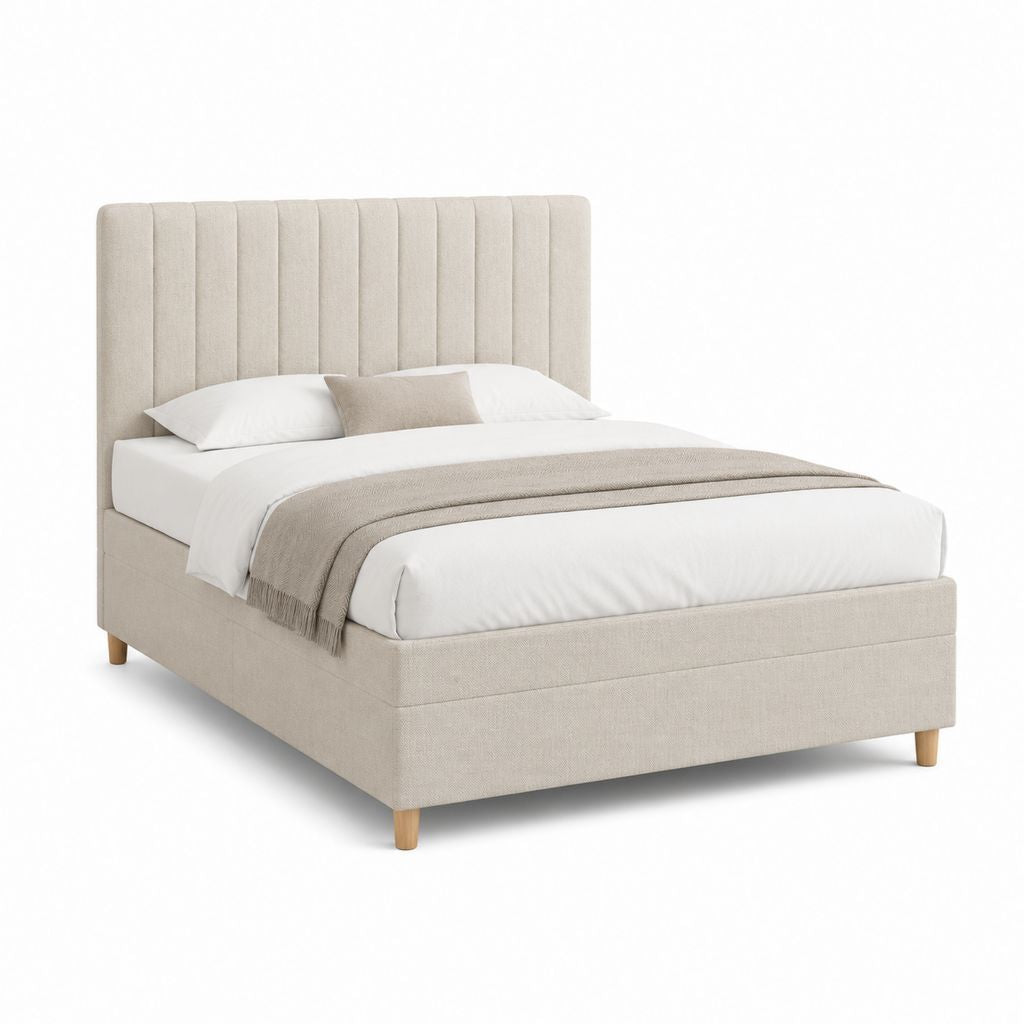 Lit double capitonné beige en polyester avec tête de lit 160 x 200 cm