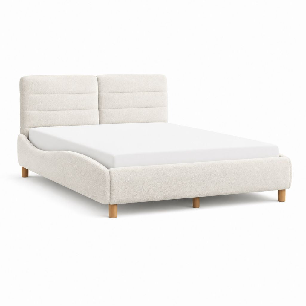 Lit double capitonné beige en polyester avec pieds en bois massif 160 x 200 cm