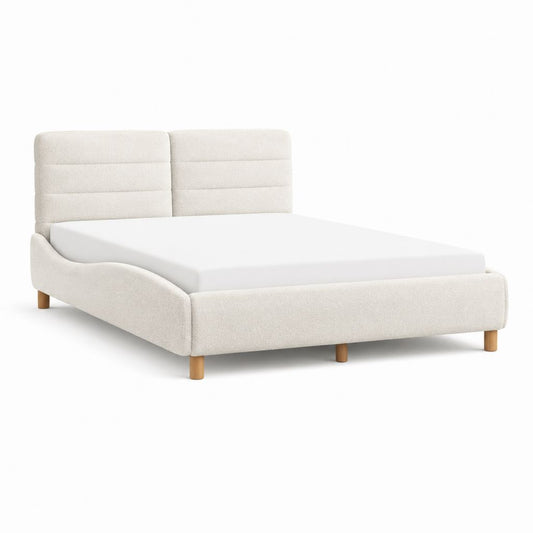 Lit double capitonné beige en polyester avec pieds en bois massif 160 x 200 cm