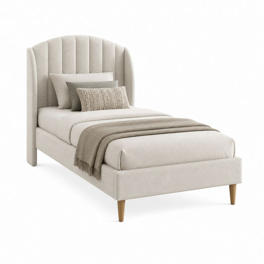 Lit simple 90 x 190 cm beige en polyester avec tête de lit capitonnée