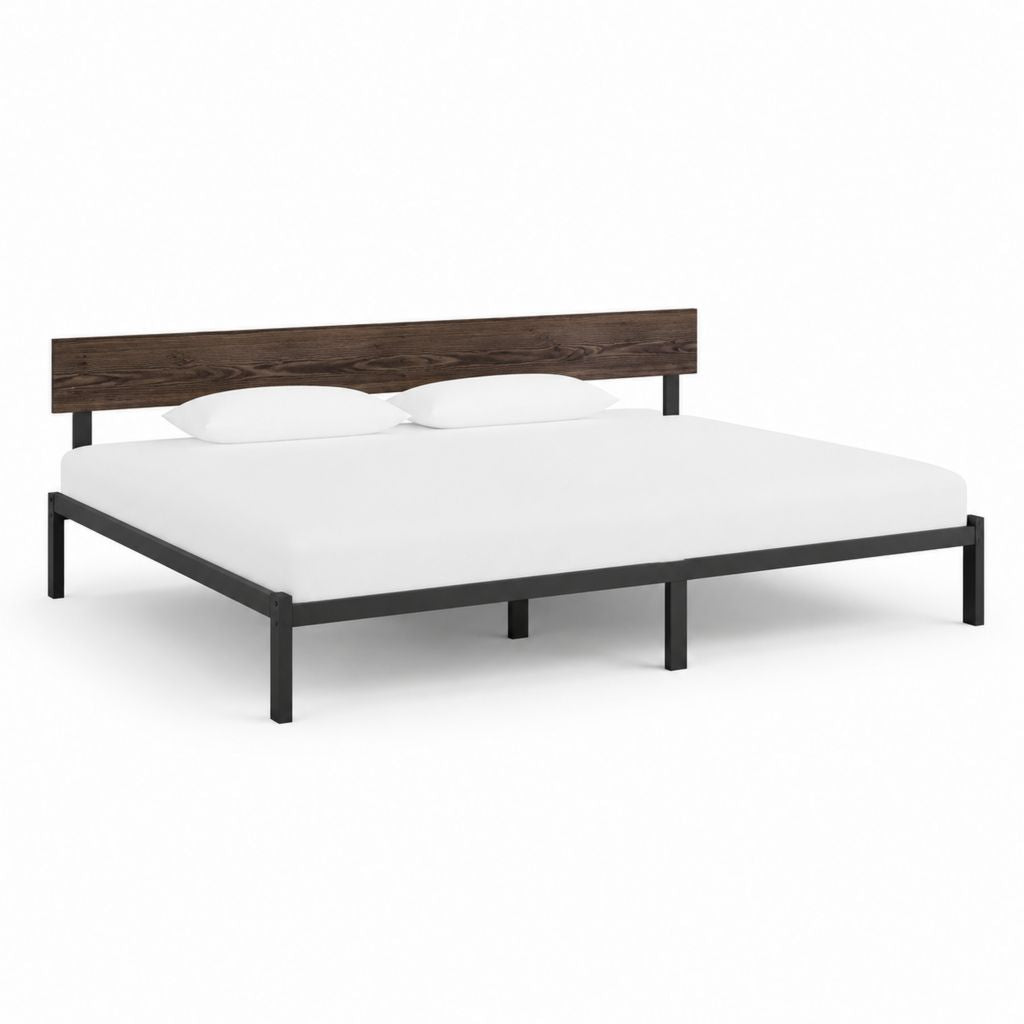 Cadre de lit 160 x 200 cm noir et brun foncé en acier et MDF avec tête de lit