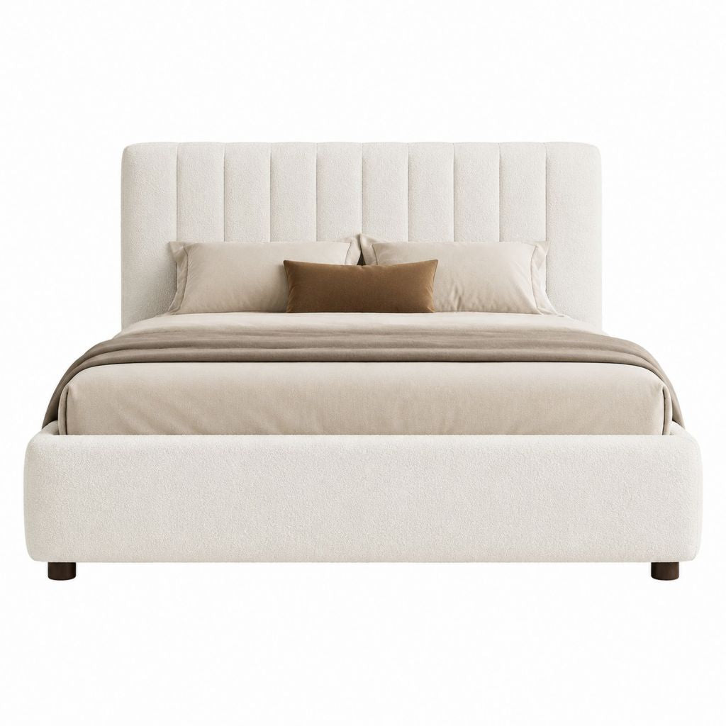 Lit double 160 x 200 cm crème en polyester bouclette avec tête de lit capitonnée