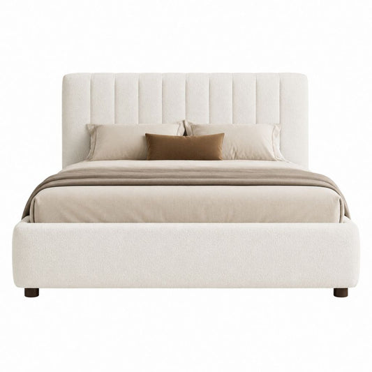 Lit double 160 x 200 cm crème en polyester bouclette avec tête de lit capitonnée