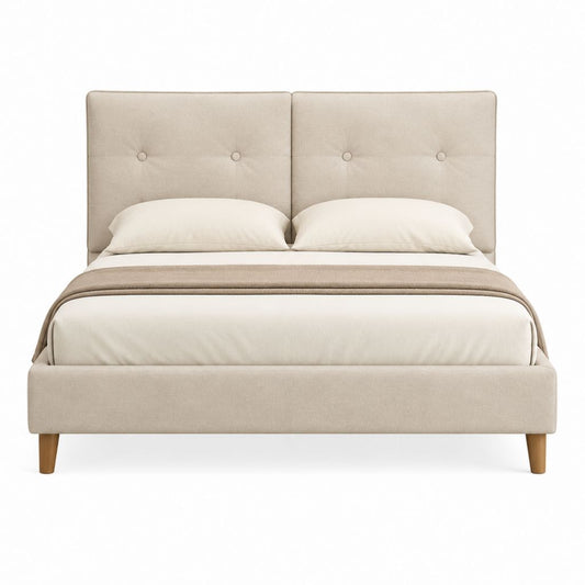 Lit double 160 x 200 cm beige en polyester avec tête de lit capitonnée